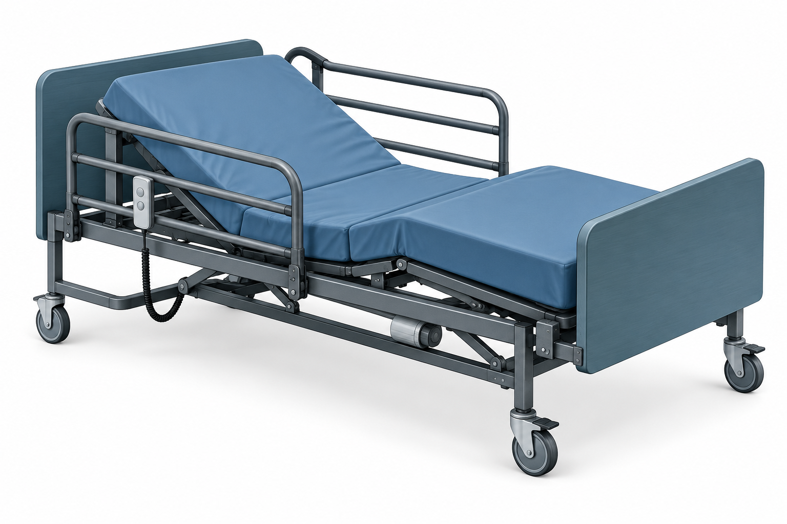 Illustration of an unbranded home hospital bed with mattress and side rails